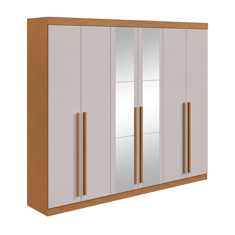 Guarda-Roupa Casal com Espelho Bertha 6 Portas 4 Gavetas Amêndoa Clean e Off White