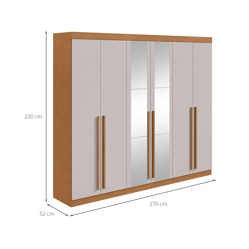 Guarda-Roupa Casal com Espelho Bertha 6 Portas 4 Gavetas Amêndoa Clean e Off White