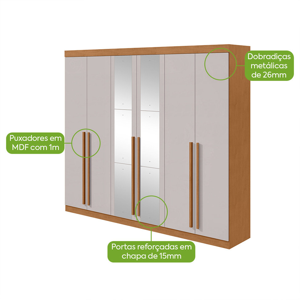 Guarda-Roupa Casal com Espelho Bertha 6 Portas 4 Gavetas Amêndoa Clean e Off White