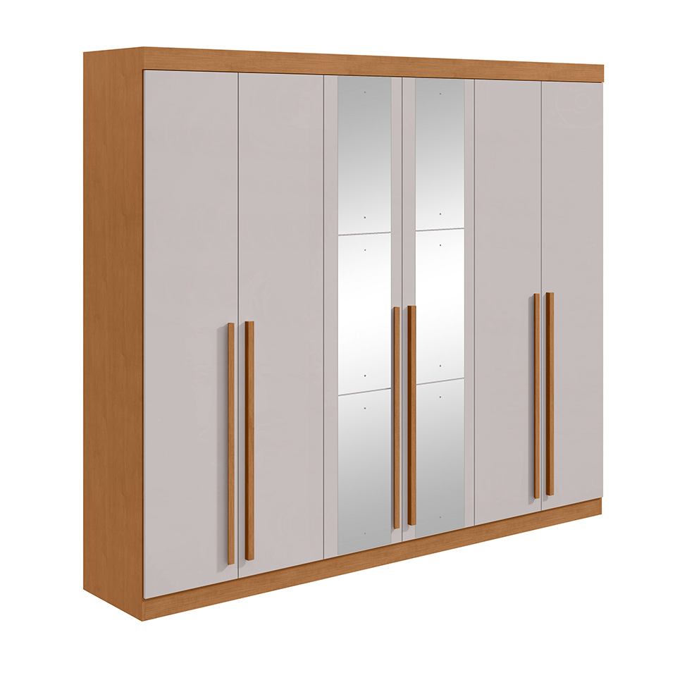 Guarda-Roupa Casal com Espelho Bertha 6 Portas 6 Gavetas Amêndoa Clean e Off White