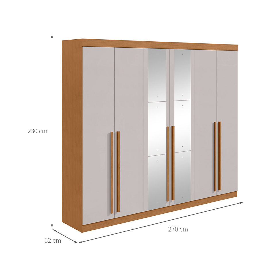 Guarda-Roupa Casal com Espelho Bertha 6 Portas 6 Gavetas Amêndoa Clean e Off White