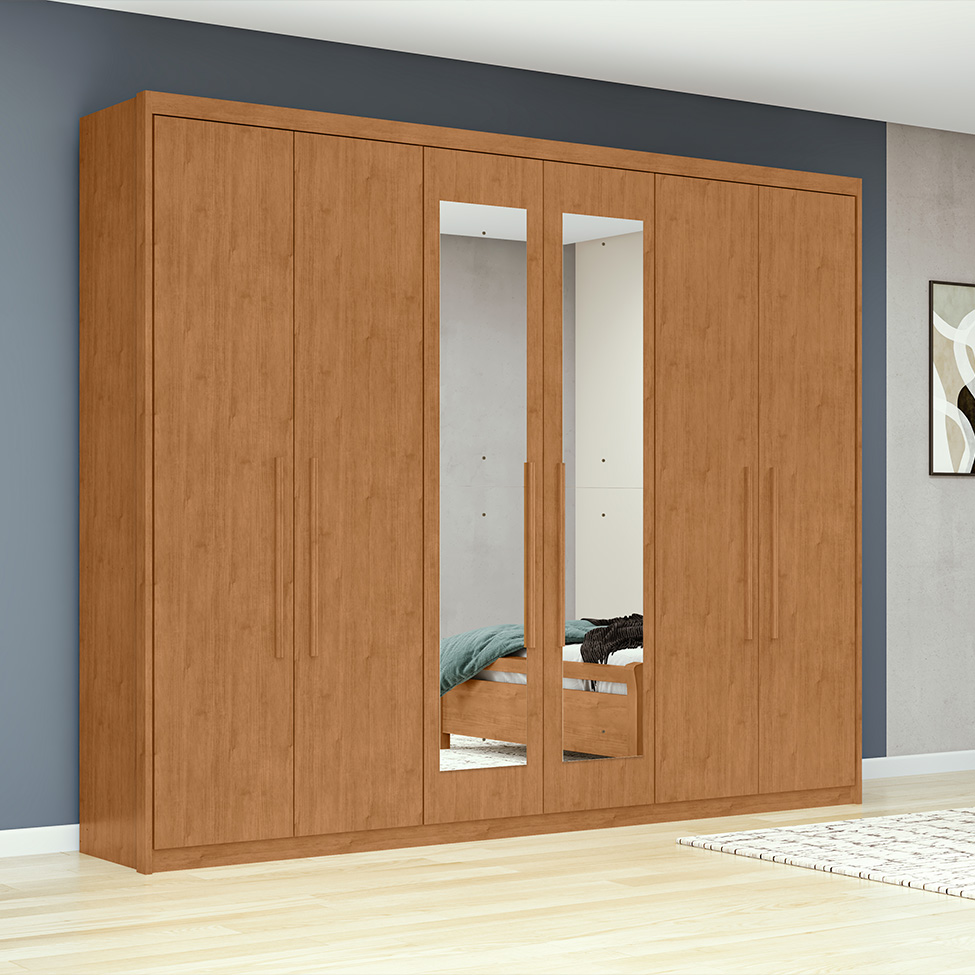 Guarda-Roupa Casal com Espelho Áries 6 Portas 5 Gavetas Amêndoa Clean