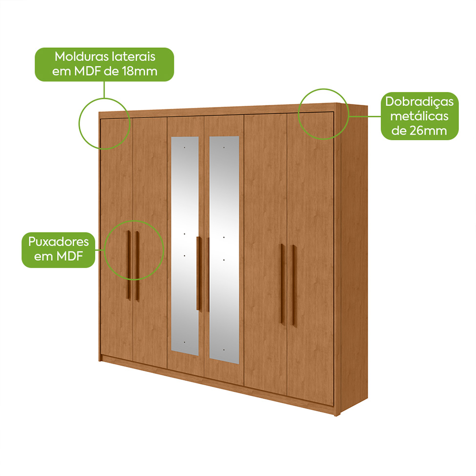 Guarda-Roupa Casal com Espelho Áries 6 Portas 5 Gavetas Amêndoa Clean
