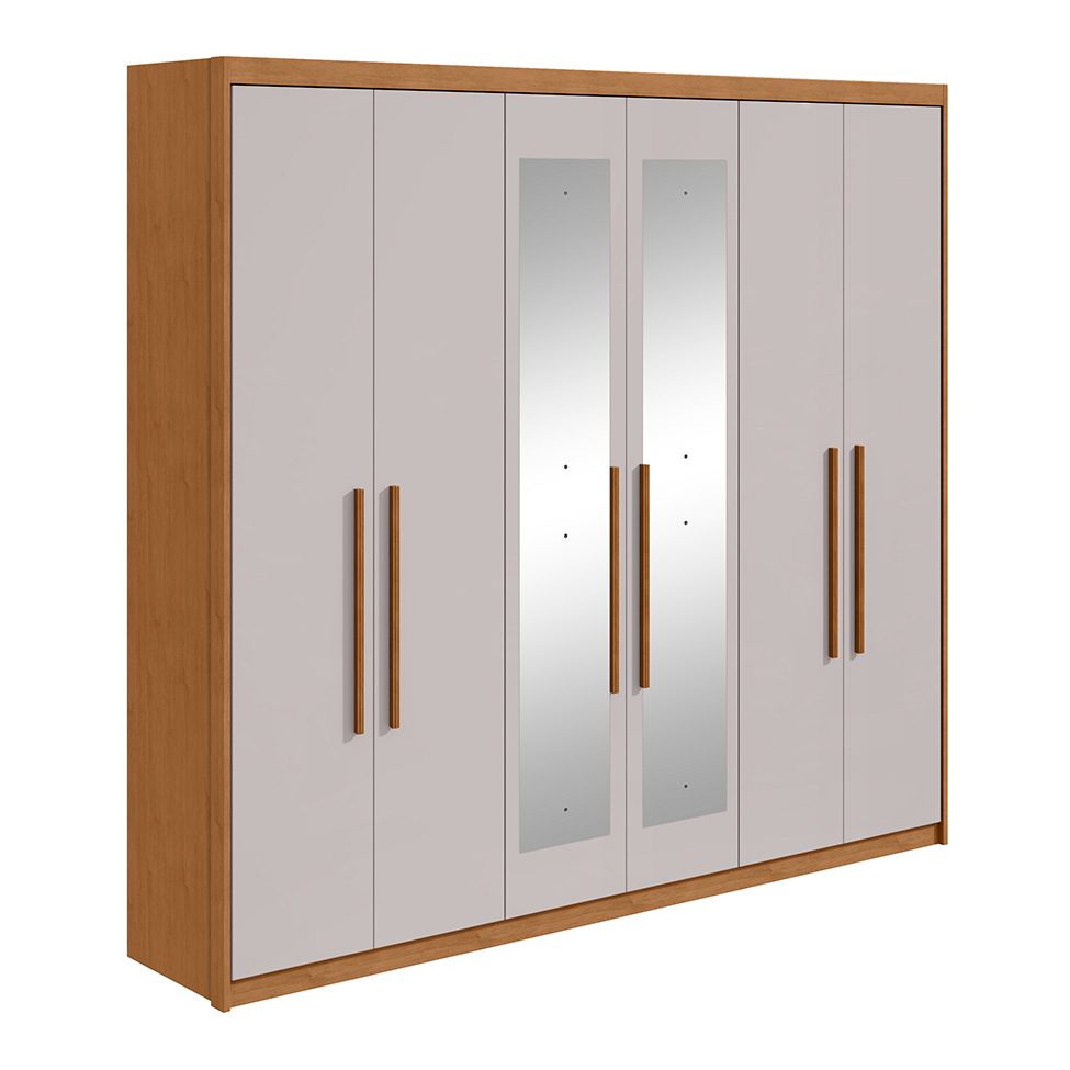 Guarda-Roupa Casal com Espelho Áries 6 Portas 5 Gavetas Amêndoa Clean e Off White