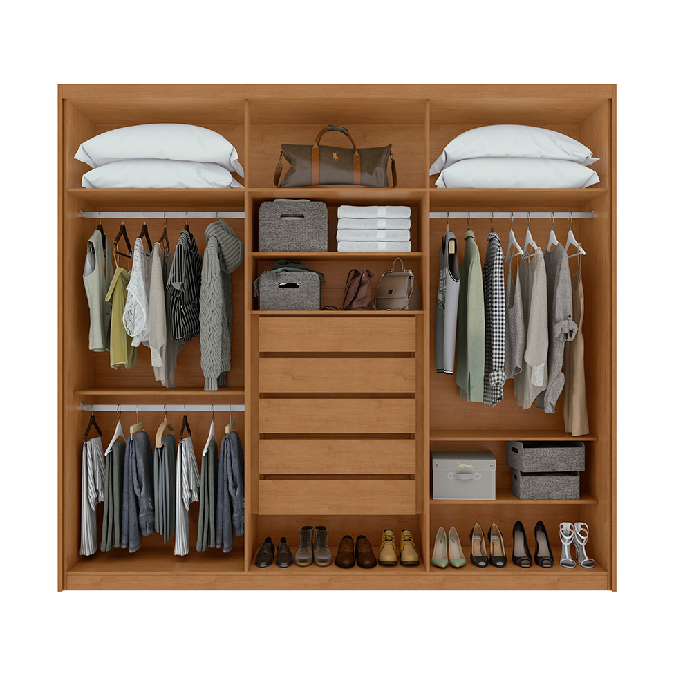 Guarda-Roupa Casal com Espelho Áries 6 Portas 5 Gavetas Amêndoa Clean e Off White