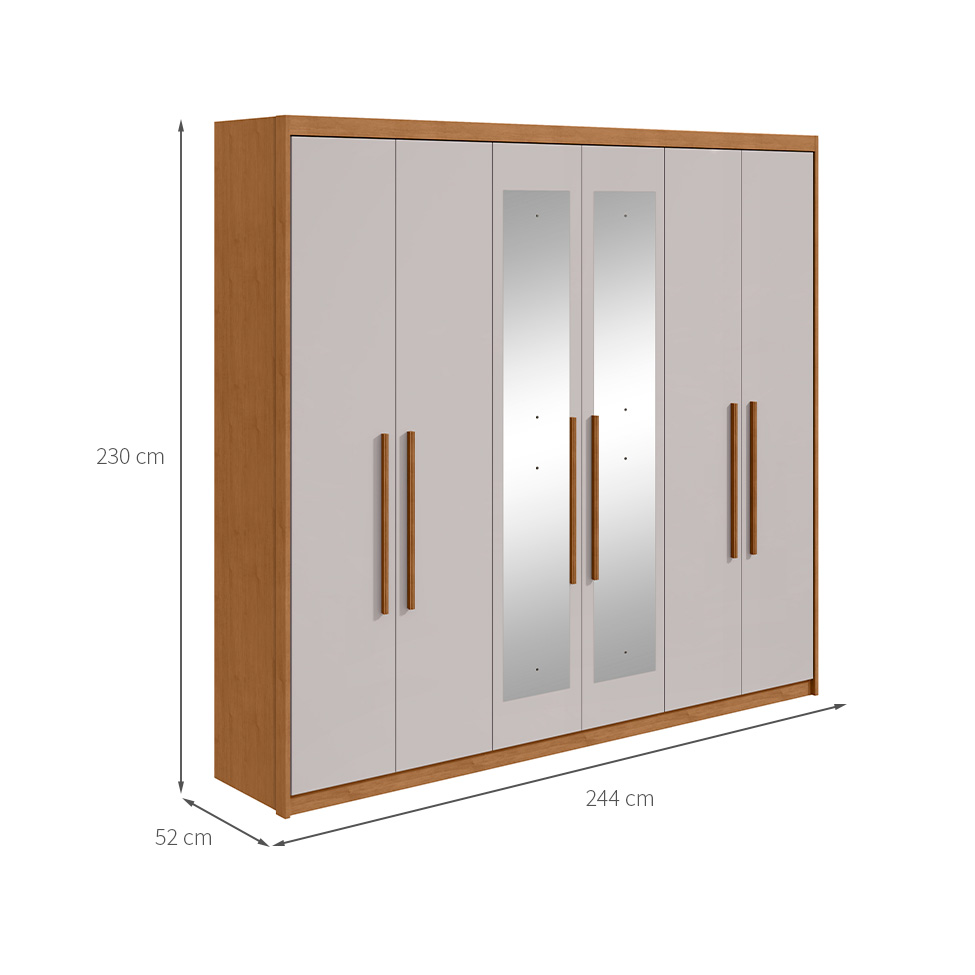 Guarda-Roupa Casal com Espelho Áries 6 Portas 5 Gavetas Amêndoa Clean e Off White