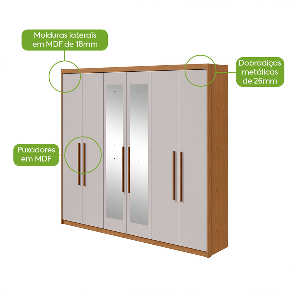 Guarda-Roupa Casal com Espelho Áries 6 Portas 5 Gavetas Amêndoa Clean e Off White