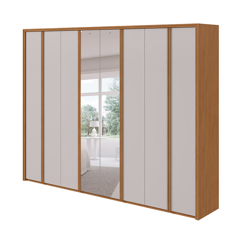 Guarda-Roupa Casal com Espelho Ergon 8 Portas 6 Gavetas Amêndoa Clean e Off White
