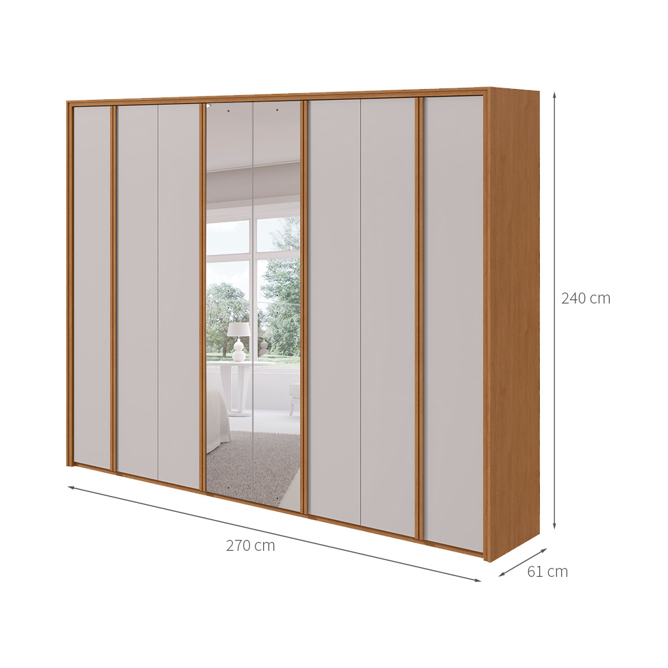 Guarda-Roupa Casal com Espelho Ergon 8 Portas 6 Gavetas Amêndoa Clean e Off White