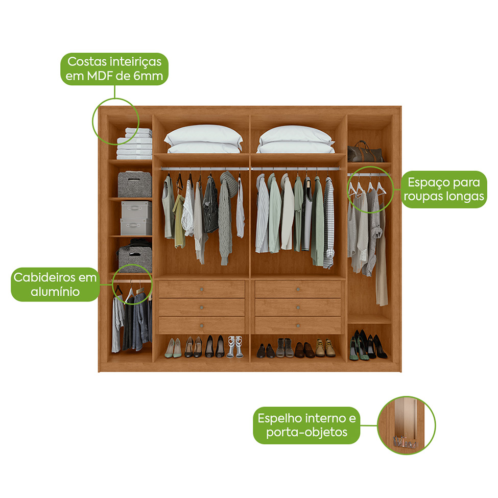 Guarda-Roupa Casal com Espelho Imperatore 6 Portas 6 Gavetas Amêndoa Clean e Off White