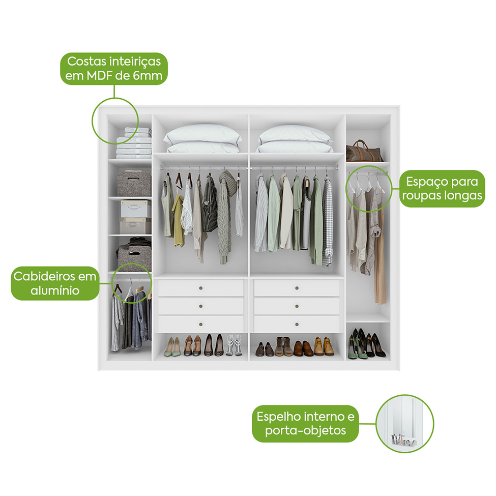 Guarda-Roupa Casal com Espelho Imperatore 6 Portas 6 Gavetas Branco