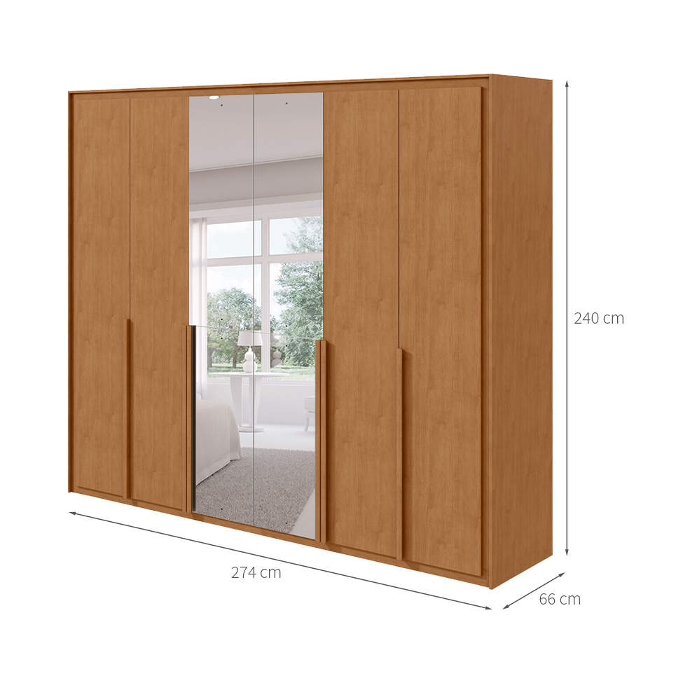 Guarda-Roupa Casal com Espelho Imperatore 6 Portas 8 Gavetas Amêndoa Clean