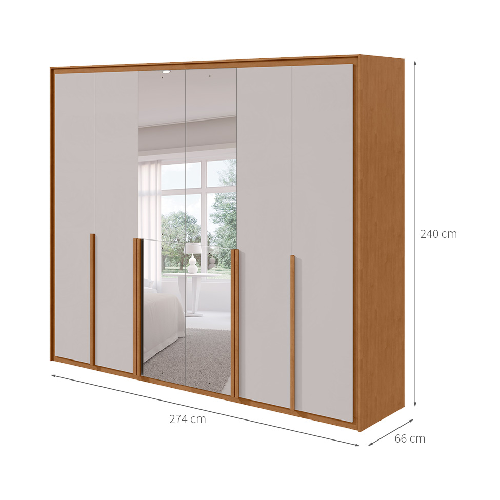 Guarda-Roupa Casal com Espelho Imperatore 6 Portas 8 Gavetas Amêndoa Clean e Off White