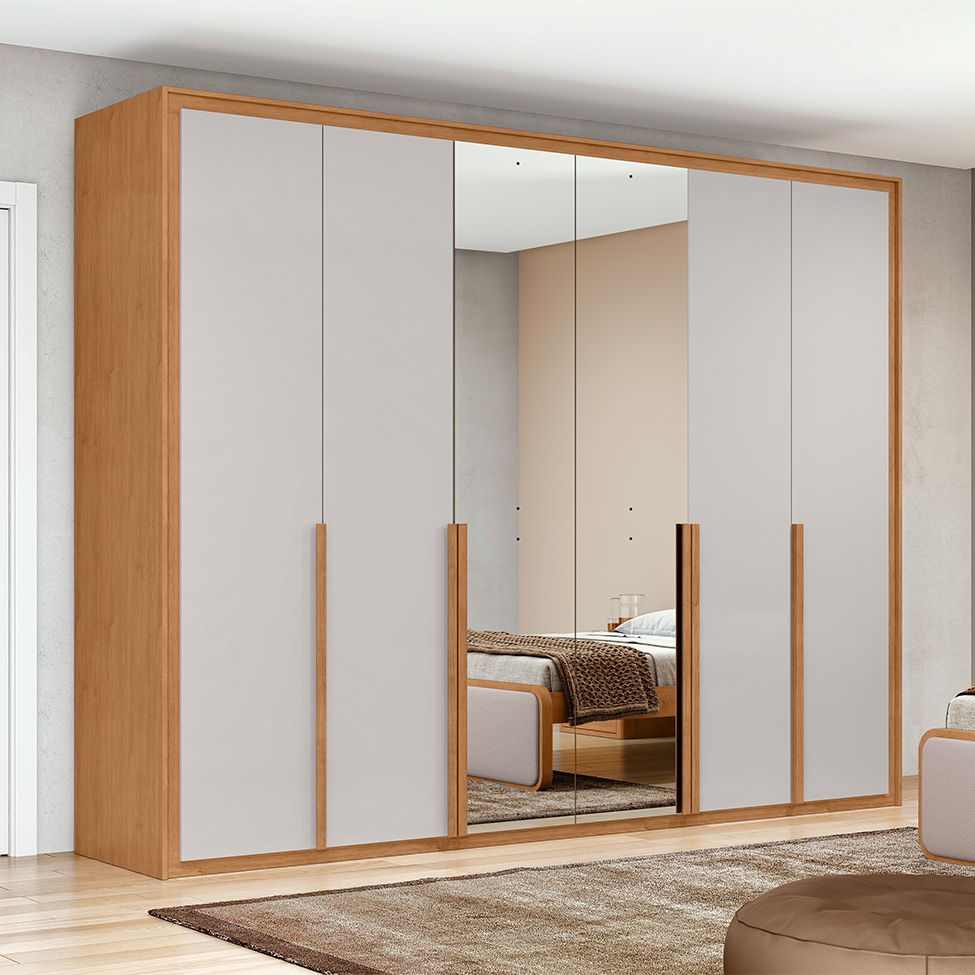 Guarda-Roupa Casal com Espelho Imperatore 6 Portas 8 Gavetas Amêndoa Clean e Off White