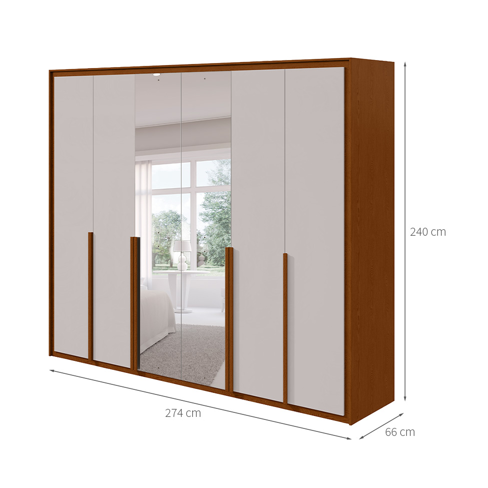 Guarda-Roupa Casal com Espelho Imperatore 6 Portas 8 Gavetas Frassino e Off White