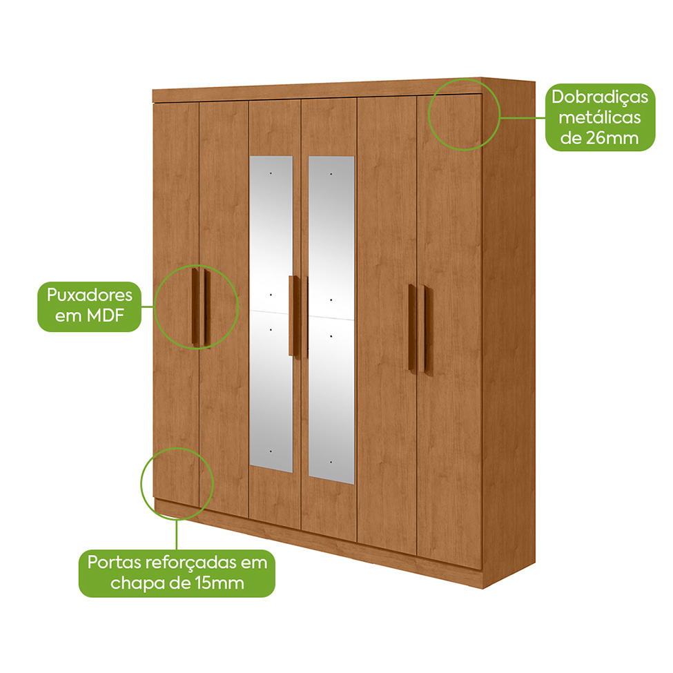 Guarda-Roupa Casal com Espelho Jazz 6 Portas 3 Gavetas Amêndoa Clean