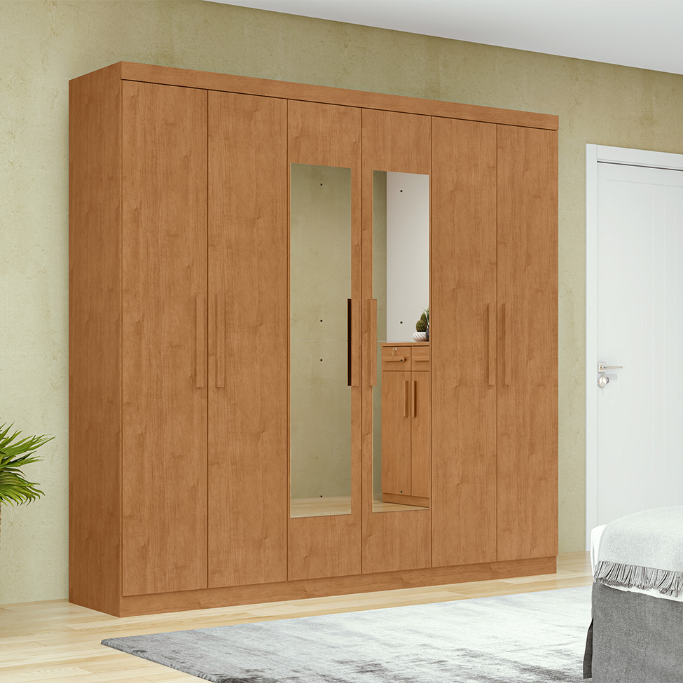 Guarda-Roupa Casal com Espelho Jazz 6 Portas 3 Gavetas Amêndoa Clean