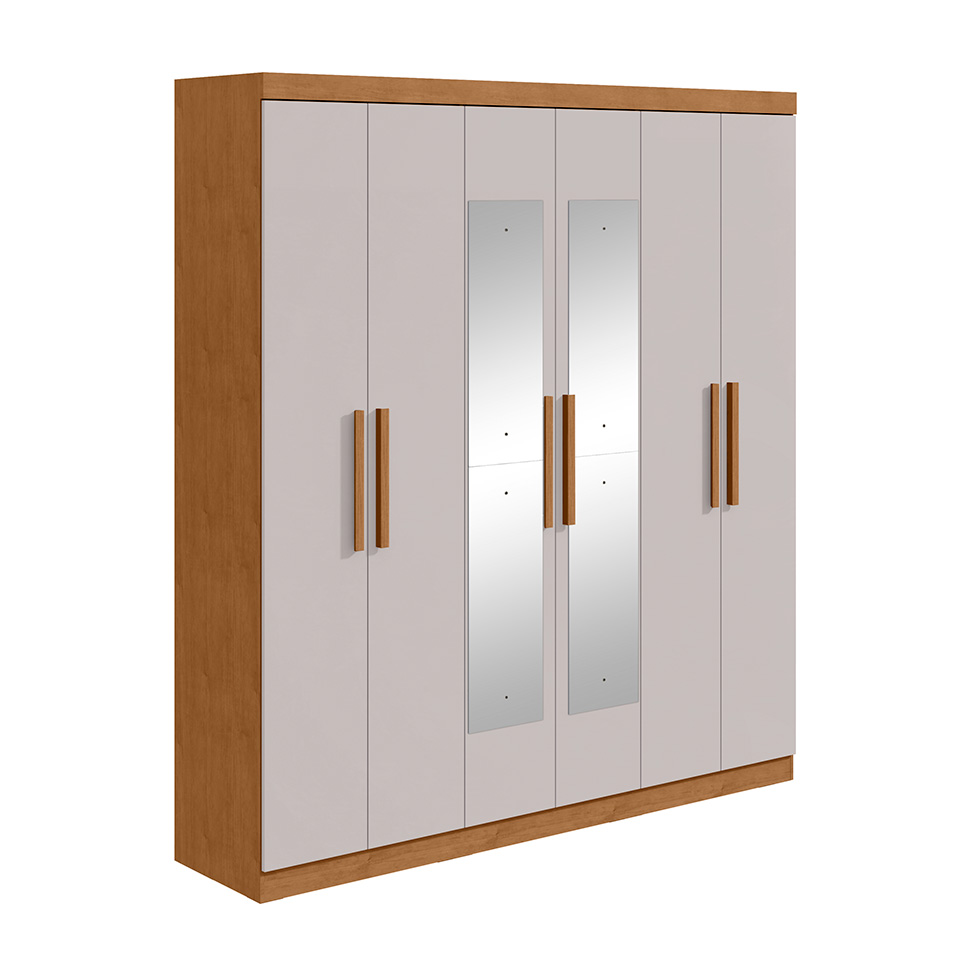 Guarda-Roupa Casal com Espelho Jazz 6 Portas 3 Gavetas Amêndoa Clean e Off White