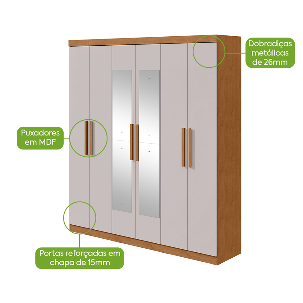 Guarda-Roupa Casal com Espelho Jazz 6 Portas 3 Gavetas Amêndoa Clean e Off White