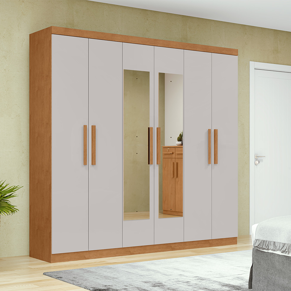 Guarda-Roupa Casal com Espelho Jazz 6 Portas 3 Gavetas Amêndoa Clean e Off White