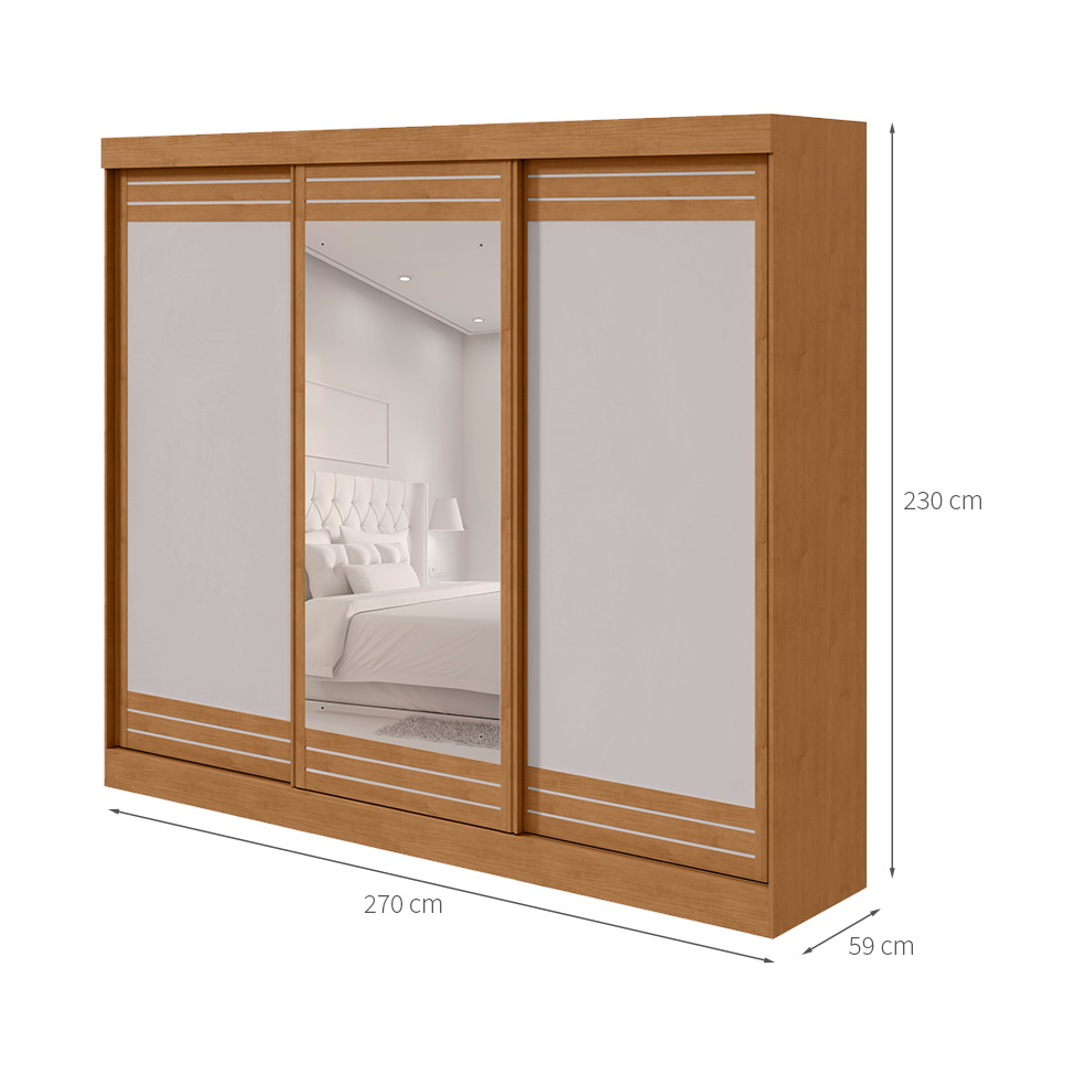 Guarda-Roupa Casal com Espelho Nice 3 Portas 4 Gavetas Amêndoa Clean e Off White