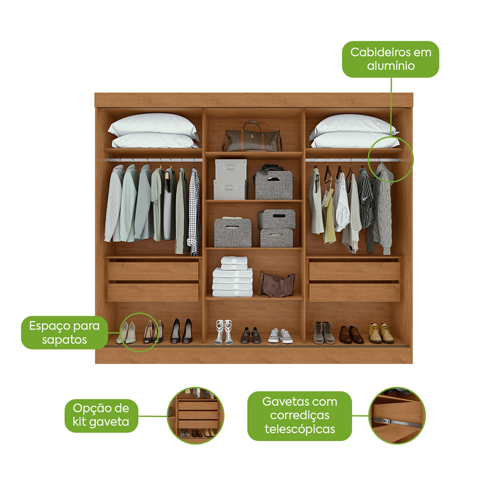 Guarda-Roupa Casal com Espelho Nice 3 Portas 4 Gavetas Amêndoa Clean e Off White