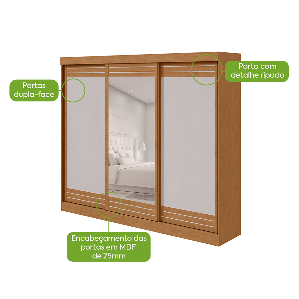 Guarda-Roupa Casal com Espelho Nice 3 Portas 6 Gavetas Amêndoa Clean e Off White