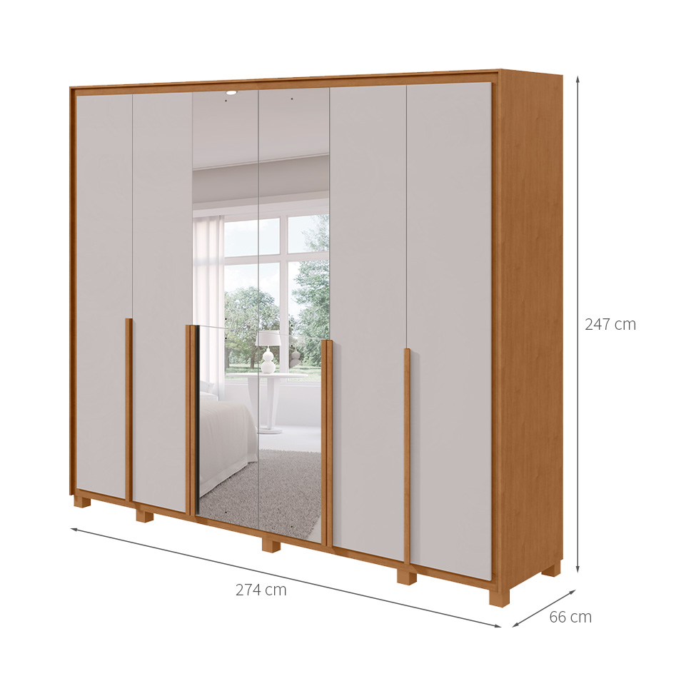 Guarda-Roupa Casal com Espelho Pés e Sapateiro Imperatore 6 Portas 6 Gavetas Amêndoa Clean e Off White