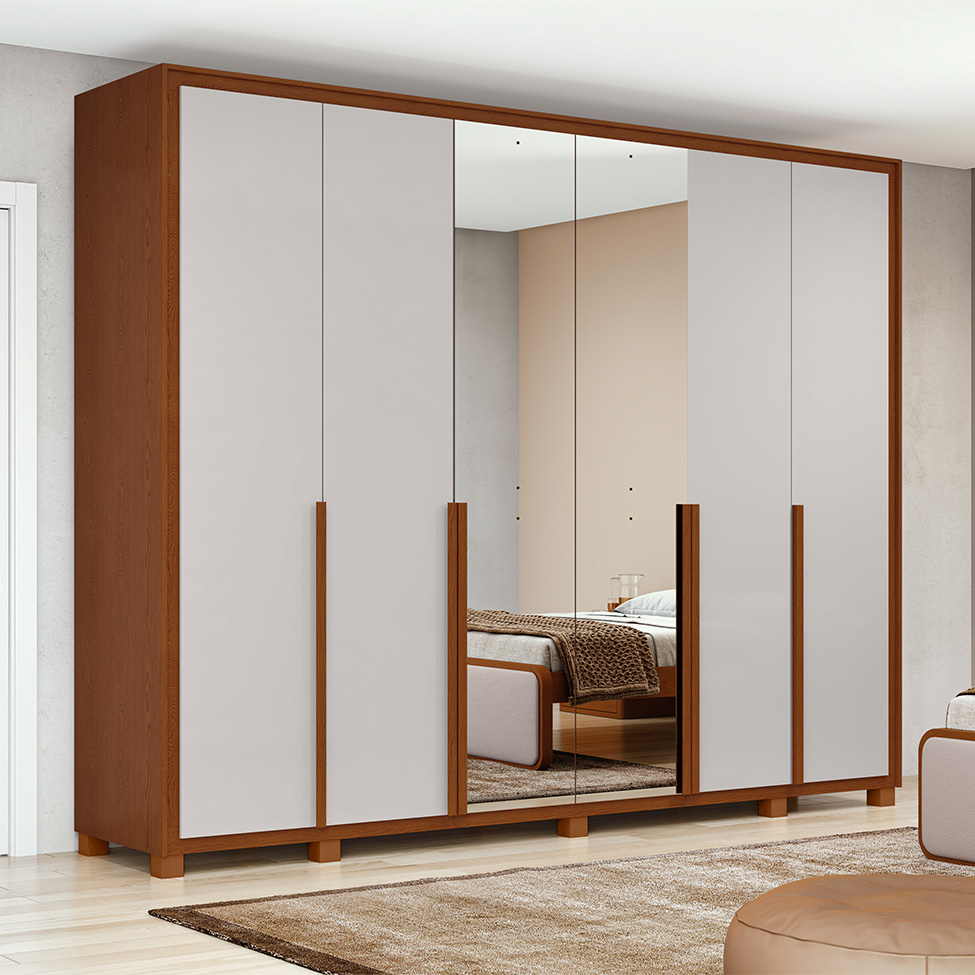 Guarda-Roupa Casal com Espelho Pés e Sapateiro Imperatore 6 Portas 6 Gavetas Frassino e Off White