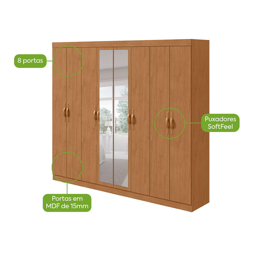 Guarda-Roupa Casal com Espelho Serenata 8 Portas 6 Gavetas Amêndoa Clean