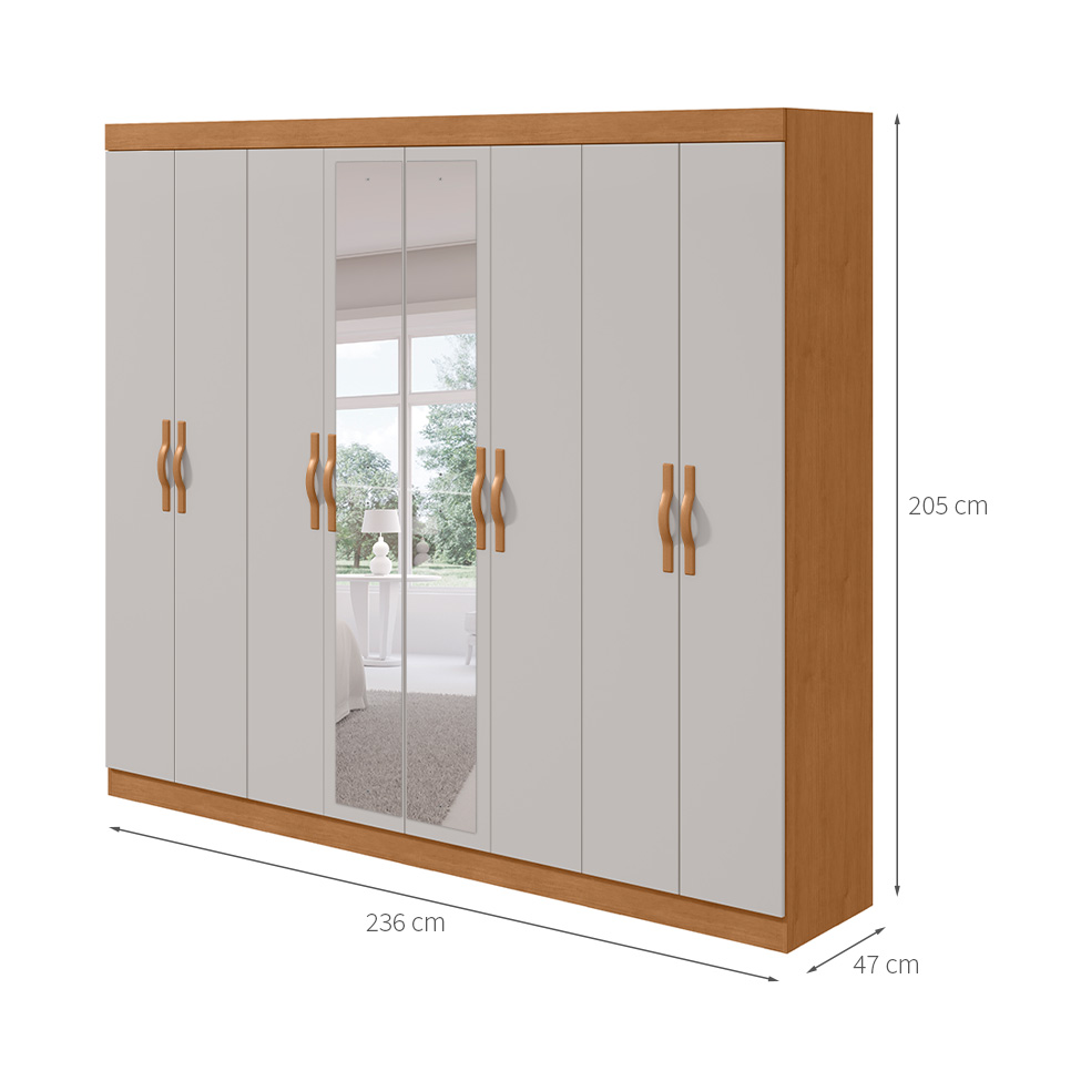 Guarda-Roupa Casal com Espelho Serenata 8 Portas 6 Gavetas Amêndoa Clean e Off White