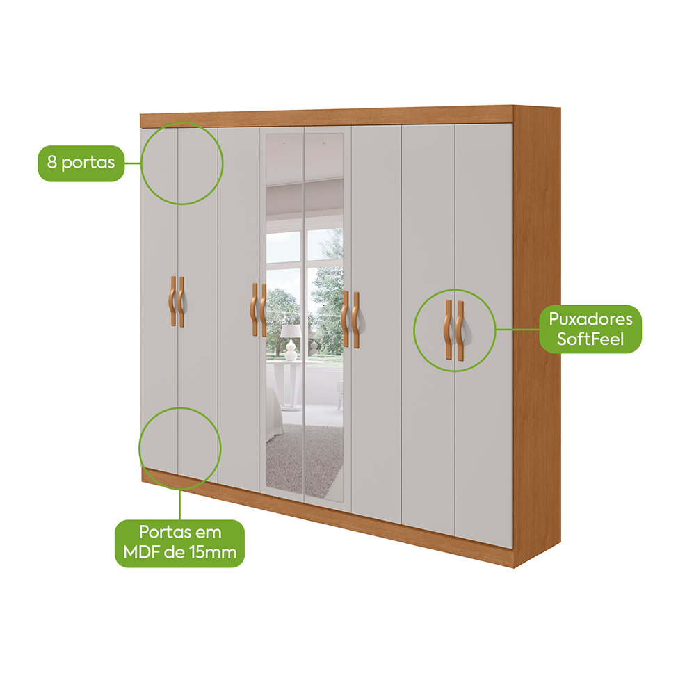 Guarda-Roupa Casal com Espelho Serenata 8 Portas 6 Gavetas Amêndoa Clean e Off White