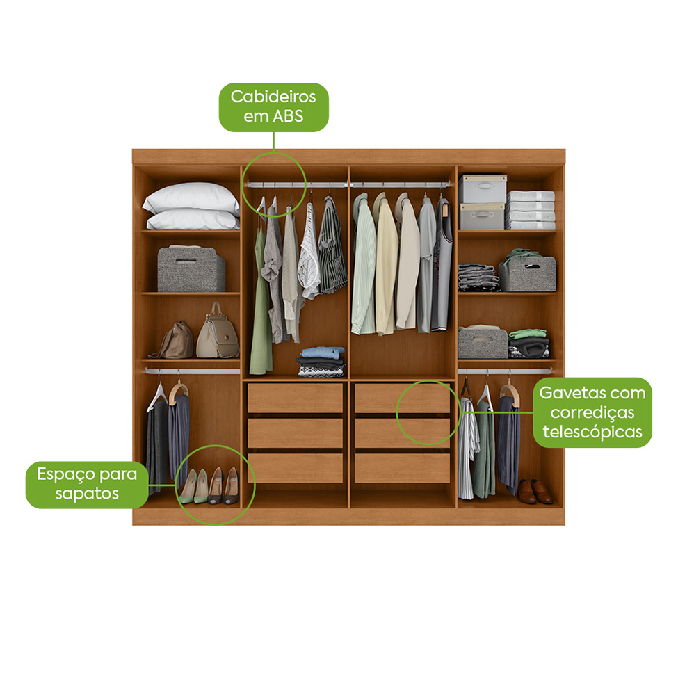 Guarda-Roupa Casal com Espelho Serenata 8 Portas 6 Gavetas Amêndoa Clean e Off White