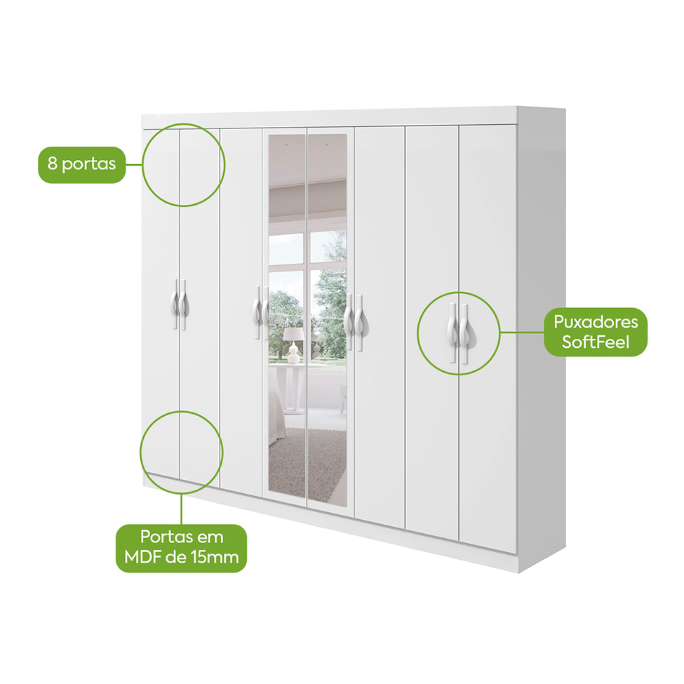 Guarda-Roupa Casal com Espelho Serenata 8 Portas 6 Gavetas Branco