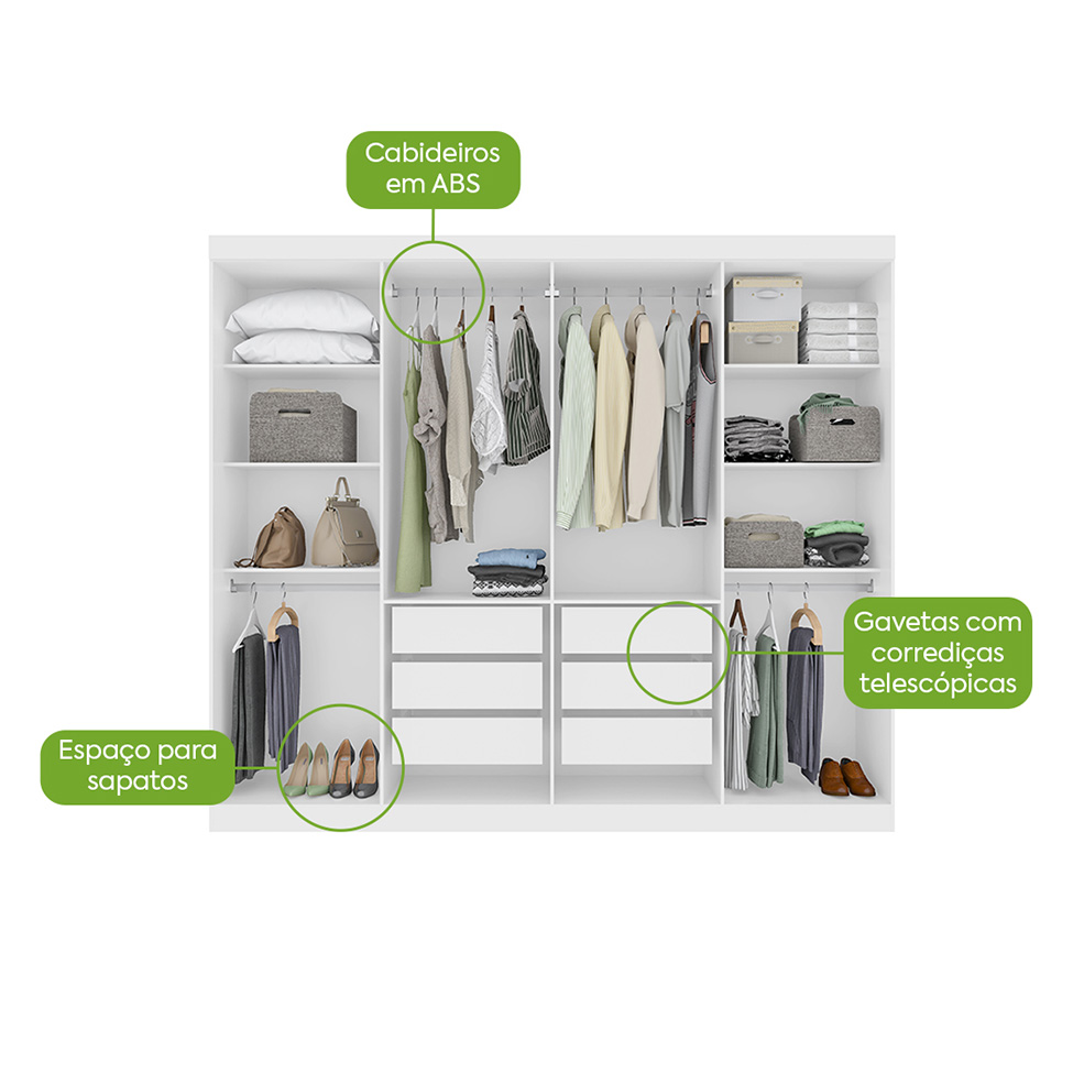 Guarda-Roupa Casal com Espelho Serenata 8 Portas 6 Gavetas Branco