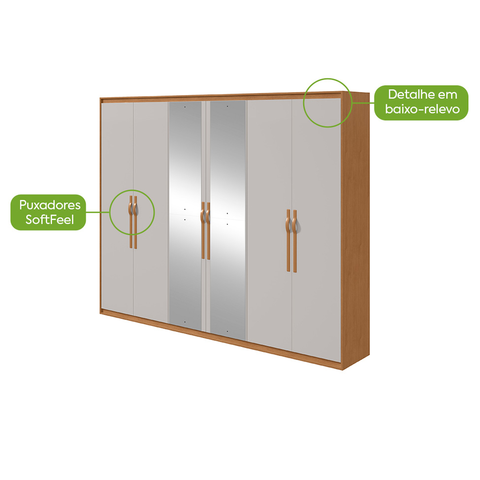 Guarda-Roupa Casal com Espelho Suavitá 6 Portas 6 Gavetas Amêndoa Clean e Off White