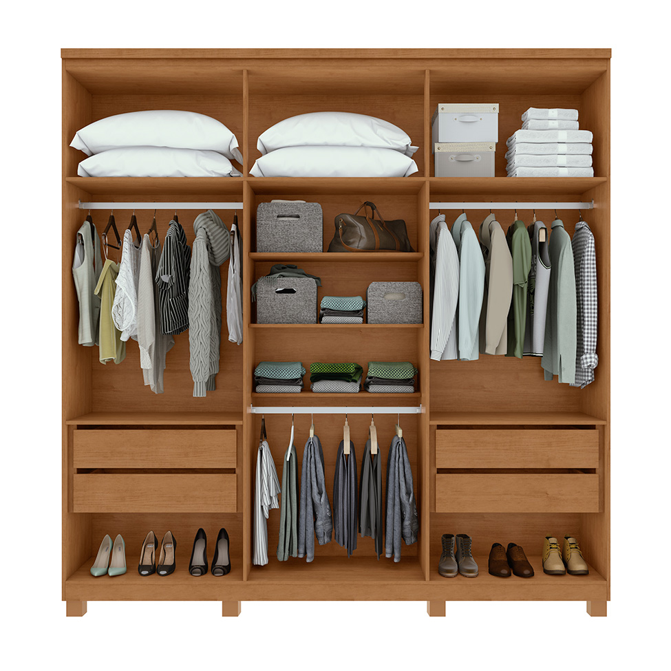 Guarda-Roupa Casal com Espelho e Pés Alonzo 6 Portas 4 Gavetas Amêndoa Clean
