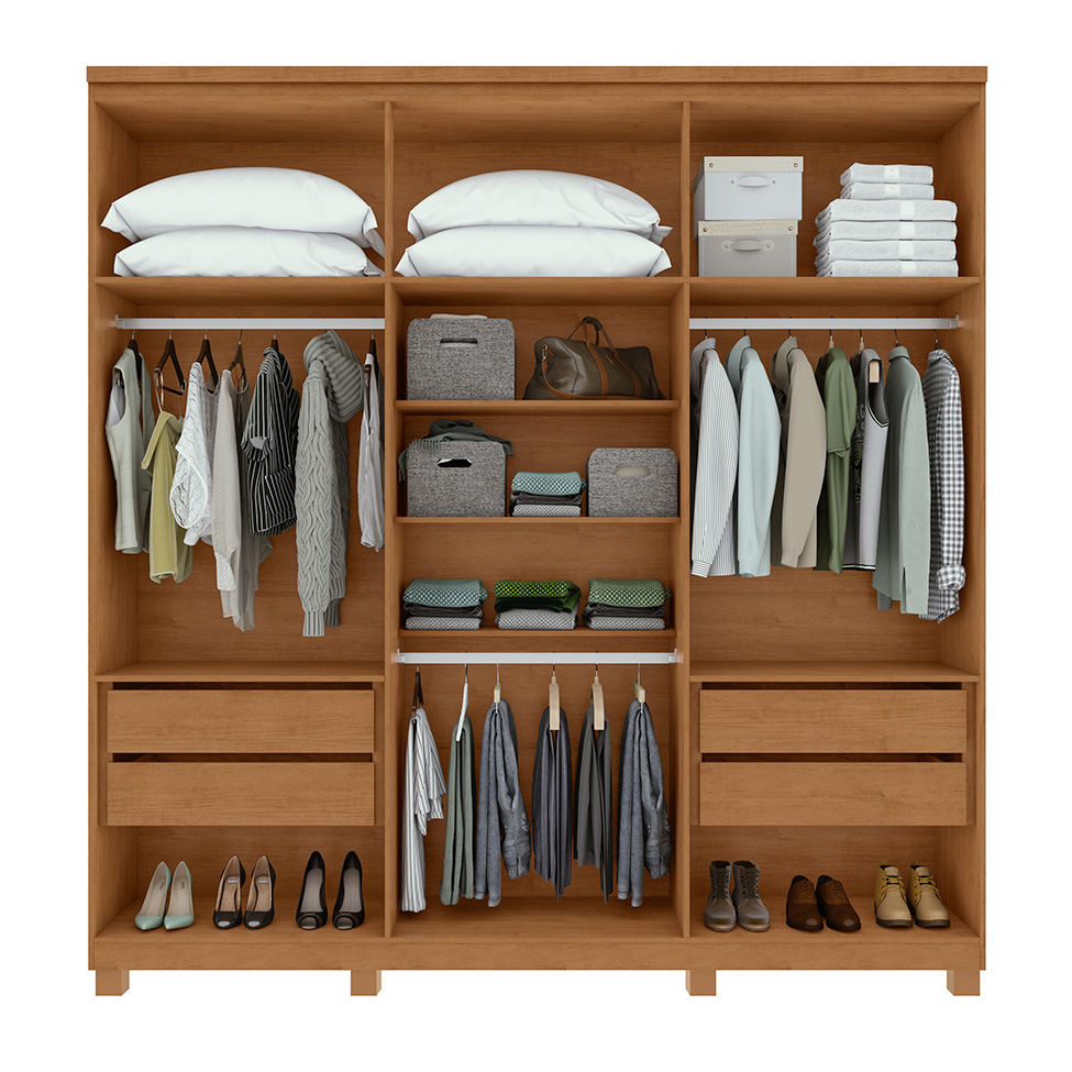 Guarda-Roupa Casal com Espelho e Pés Alonzo 6 Portas 4 Gavetas Amêndoa Clean e Off White