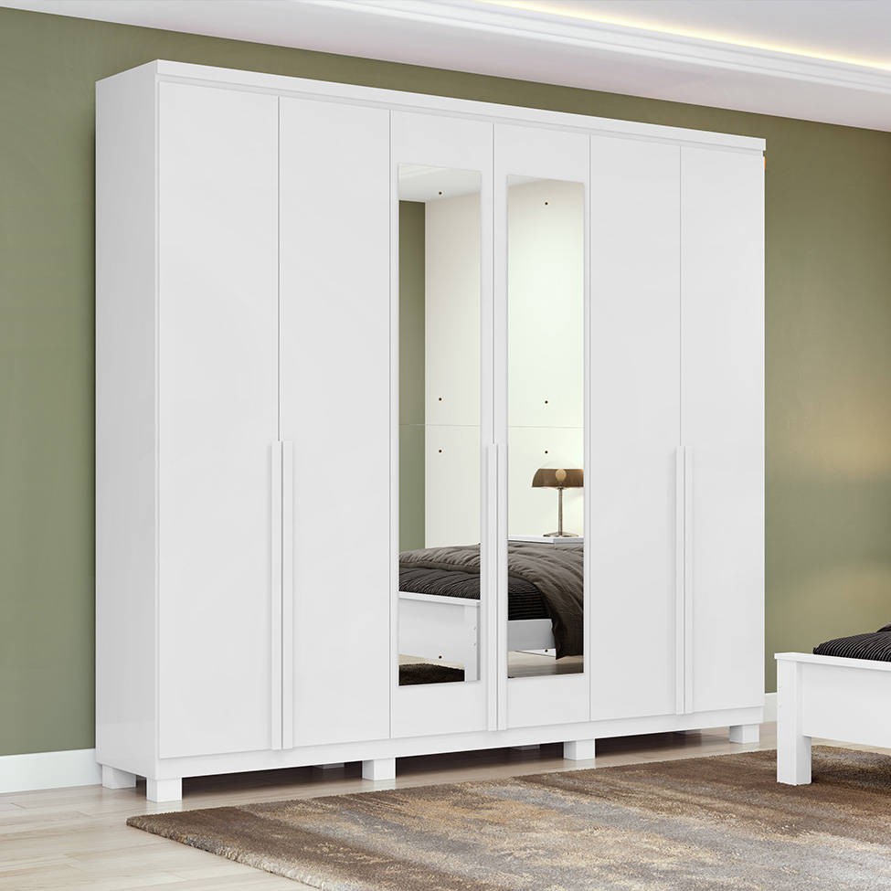 Guarda-Roupa Casal com Espelho e Pés Alonzo 6 Portas 4 Gavetas Branco