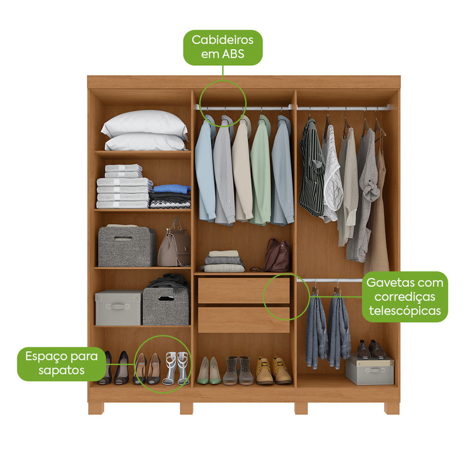 Guarda-Roupa Casal com Espelho e Pés Andara 6 Portas 2 Gavetas Amêndoa Clean e Off White