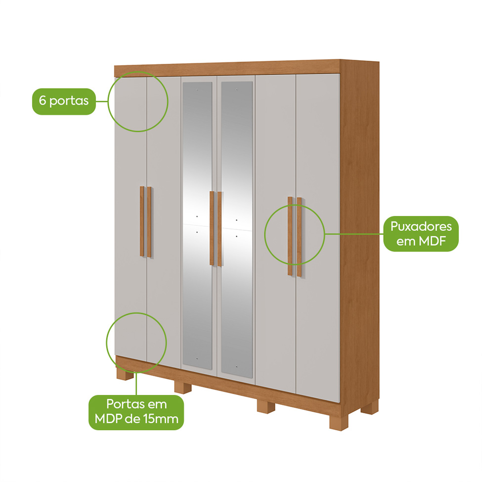 Guarda-Roupa Casal com Espelho e Pés Andara 6 Portas 2 Gavetas Amêndoa Clean e Off White
