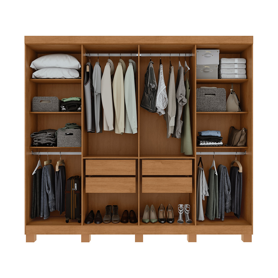 Guarda-Roupa Casal com Espelho e Pés Andara 8 Portas 4 Gavetas Amêndoa Clean e Off White