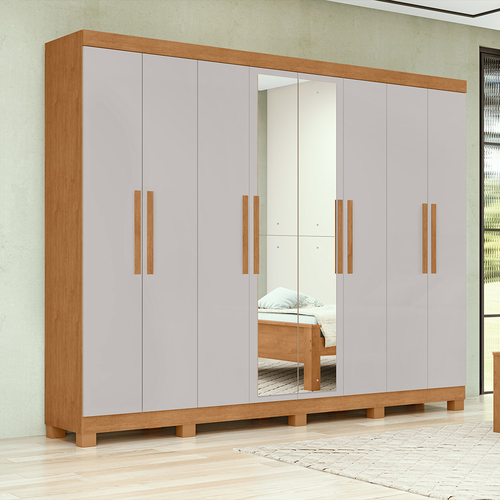 Guarda-Roupa Casal com Espelho e Pés Andara 8 Portas 4 Gavetas Amêndoa Clean e Off White