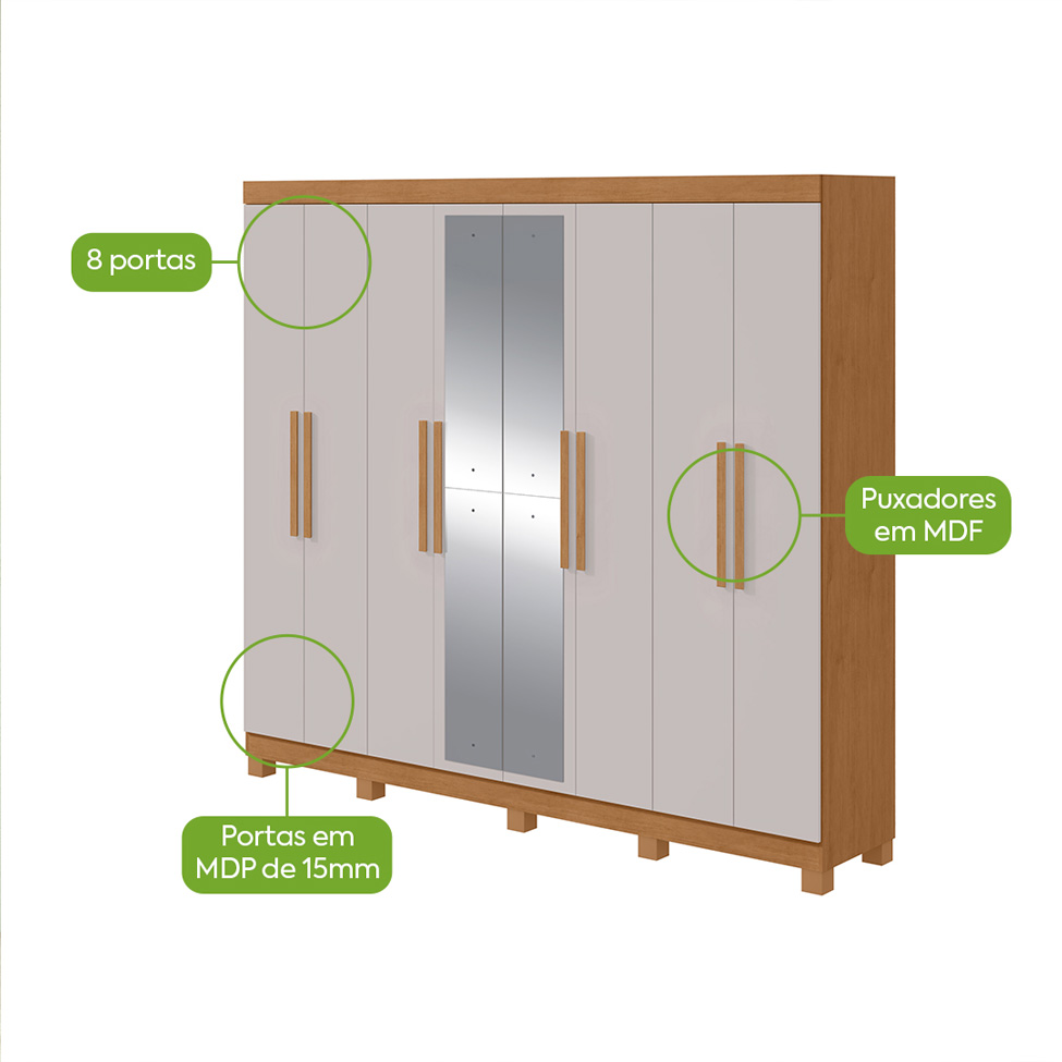 Guarda-Roupa Casal com Espelho e Pés Andara 8 Portas 4 Gavetas Amêndoa Clean e Off White