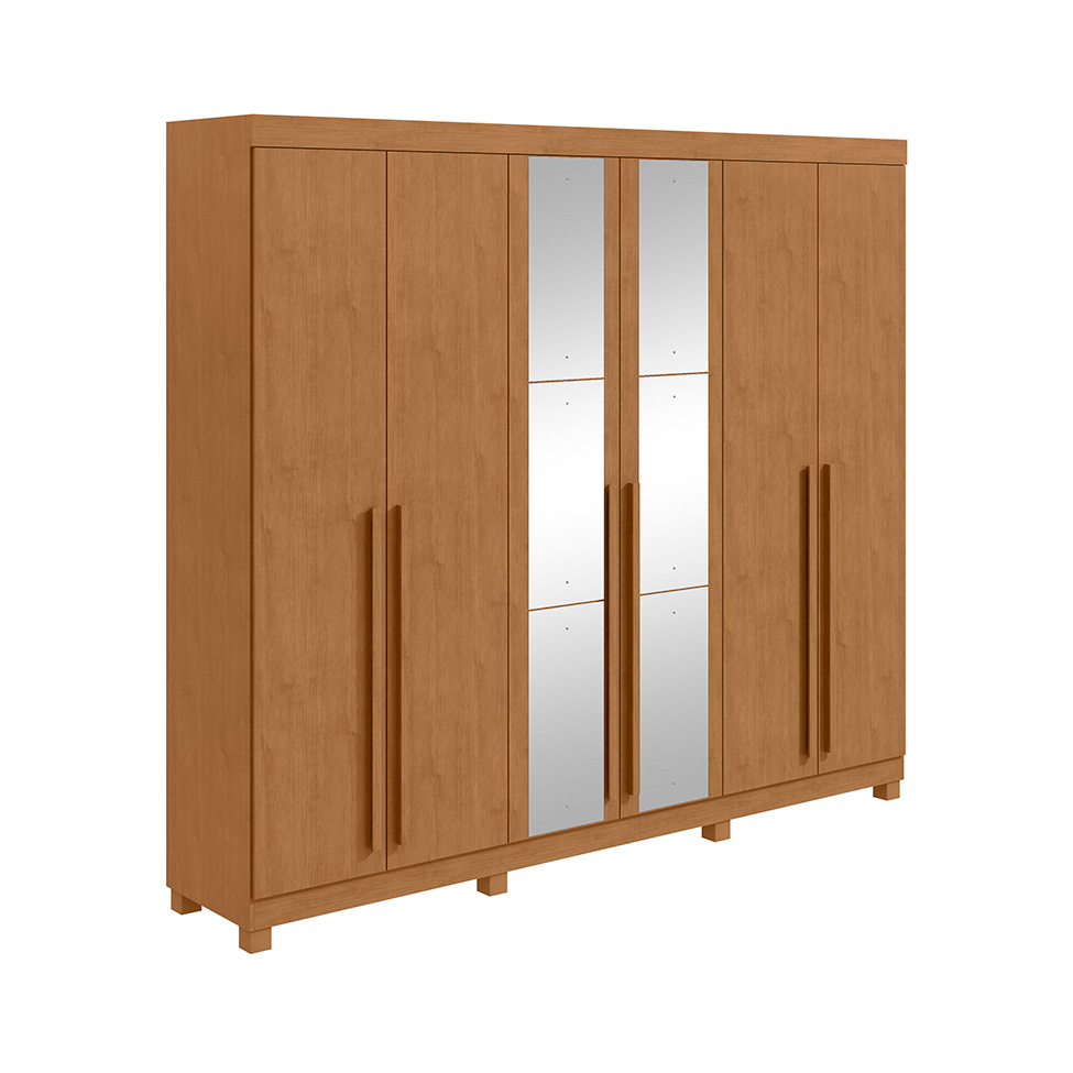 Guarda-Roupa Casal com Espelho e Pés Bertha 6 Portas 4 Gavetas Amêndoa Clean