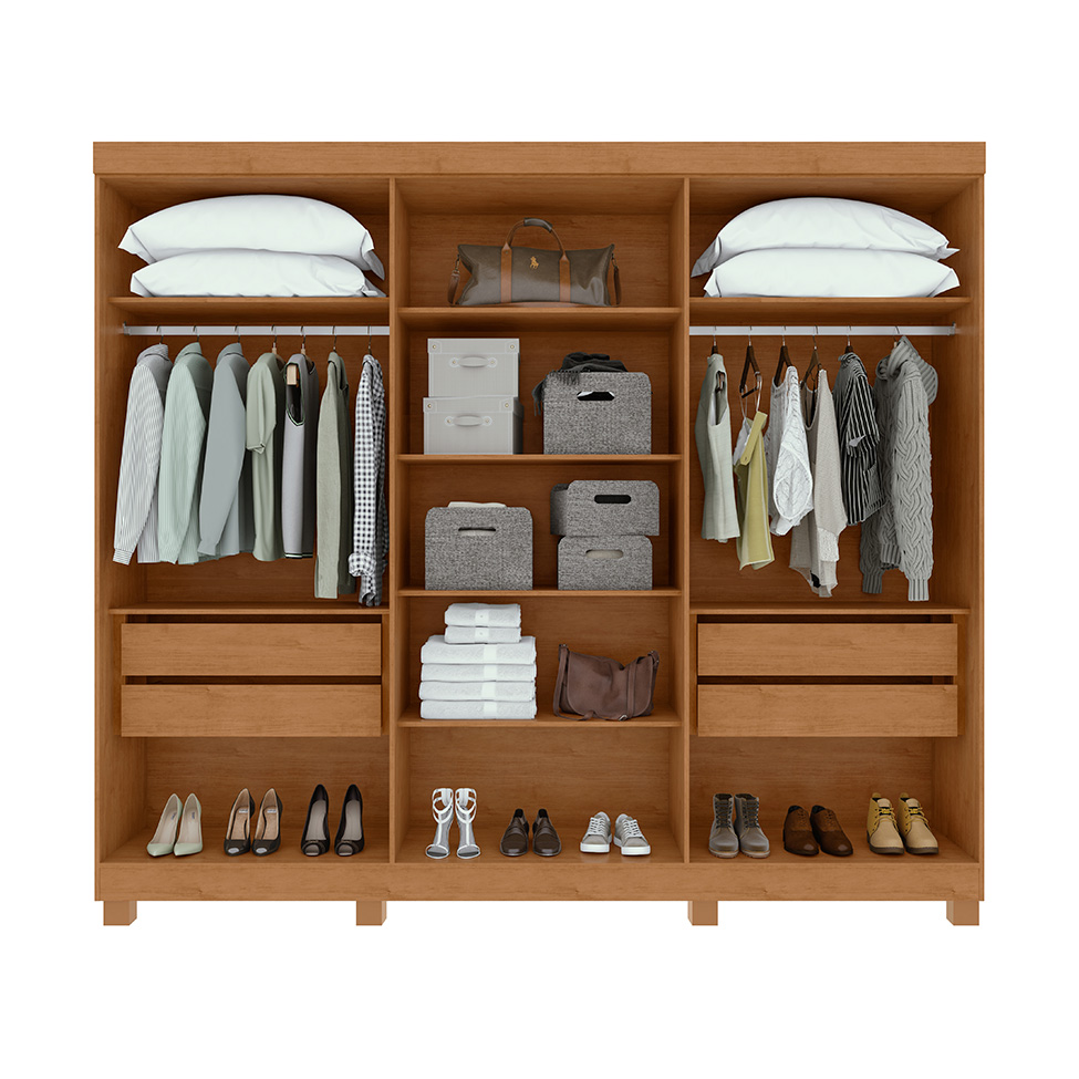 Guarda-Roupa Casal com Espelho e Pés Bertha 6 Portas 4 Gavetas Amêndoa Clean