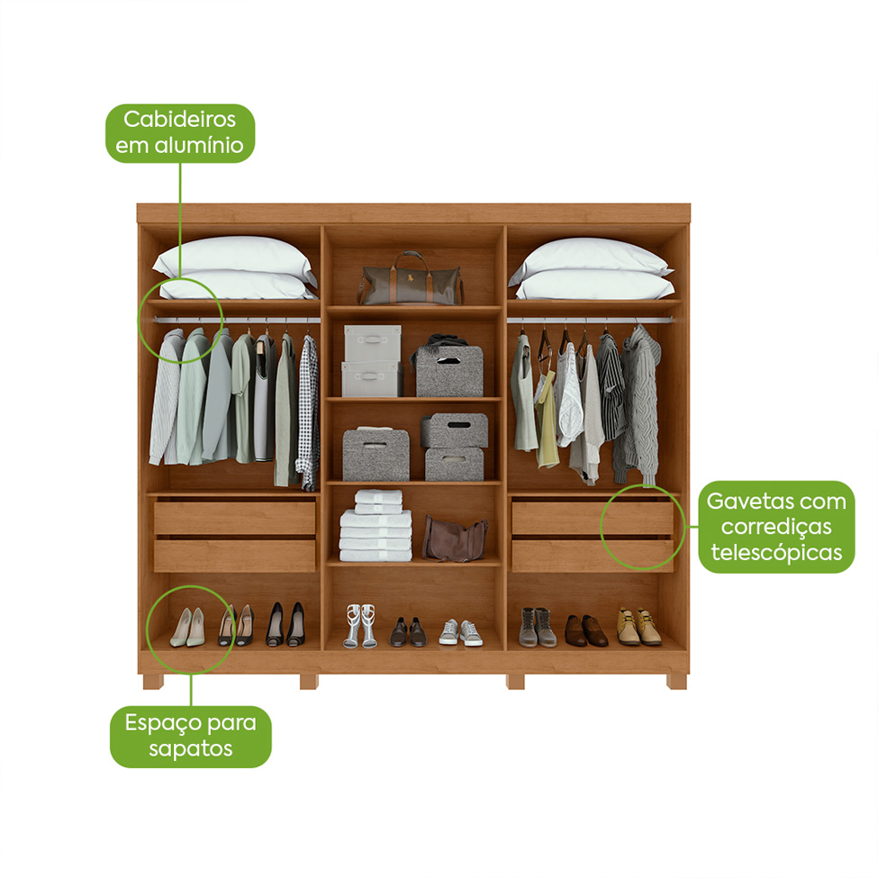 Guarda-Roupa Casal com Espelho e Pés Bertha 6 Portas 4 Gavetas Amêndoa Clean