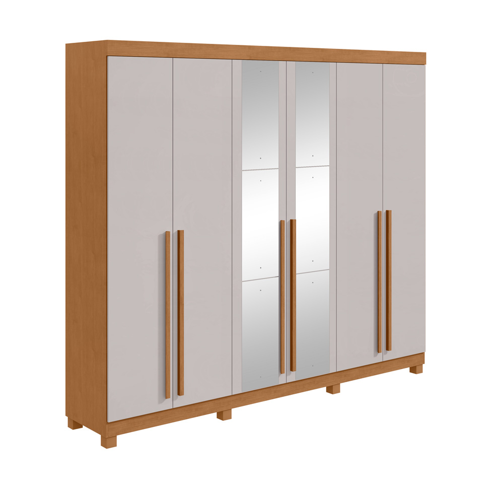 Guarda-Roupa Casal com Espelho e Pés Bertha 6 Portas 4 Gavetas Amêndoa Clean e Off White