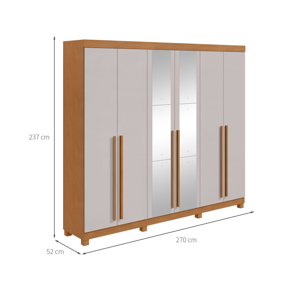 Guarda-Roupa Casal com Espelho e Pés Bertha 6 Portas 4 Gavetas Amêndoa Clean e Off White