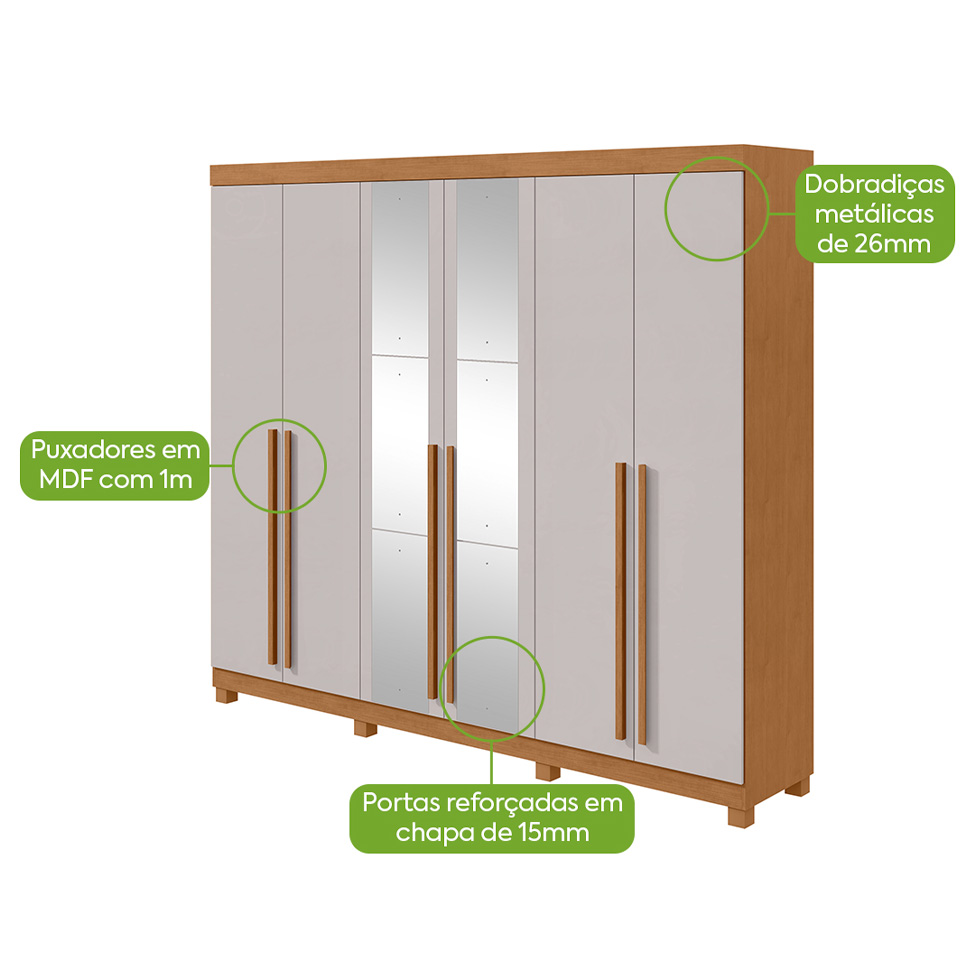 Guarda-Roupa Casal com Espelho e Pés Bertha 6 Portas 4 Gavetas Amêndoa Clean e Off White